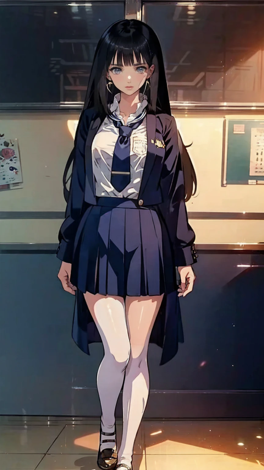 Black Hair , bangs, Hair behind the ear,  very long hair,  jewelry , Earrings, masterpiece,  textured skin, detailed , Best Quality, Adult women, High school teacher, Wear a jacket, Dark Blue Suit, White blouse, Tight skirt,  mature woman, Good picture, Standing alone in the classroom, During class, Glasses @Sparkling @Sparkling
