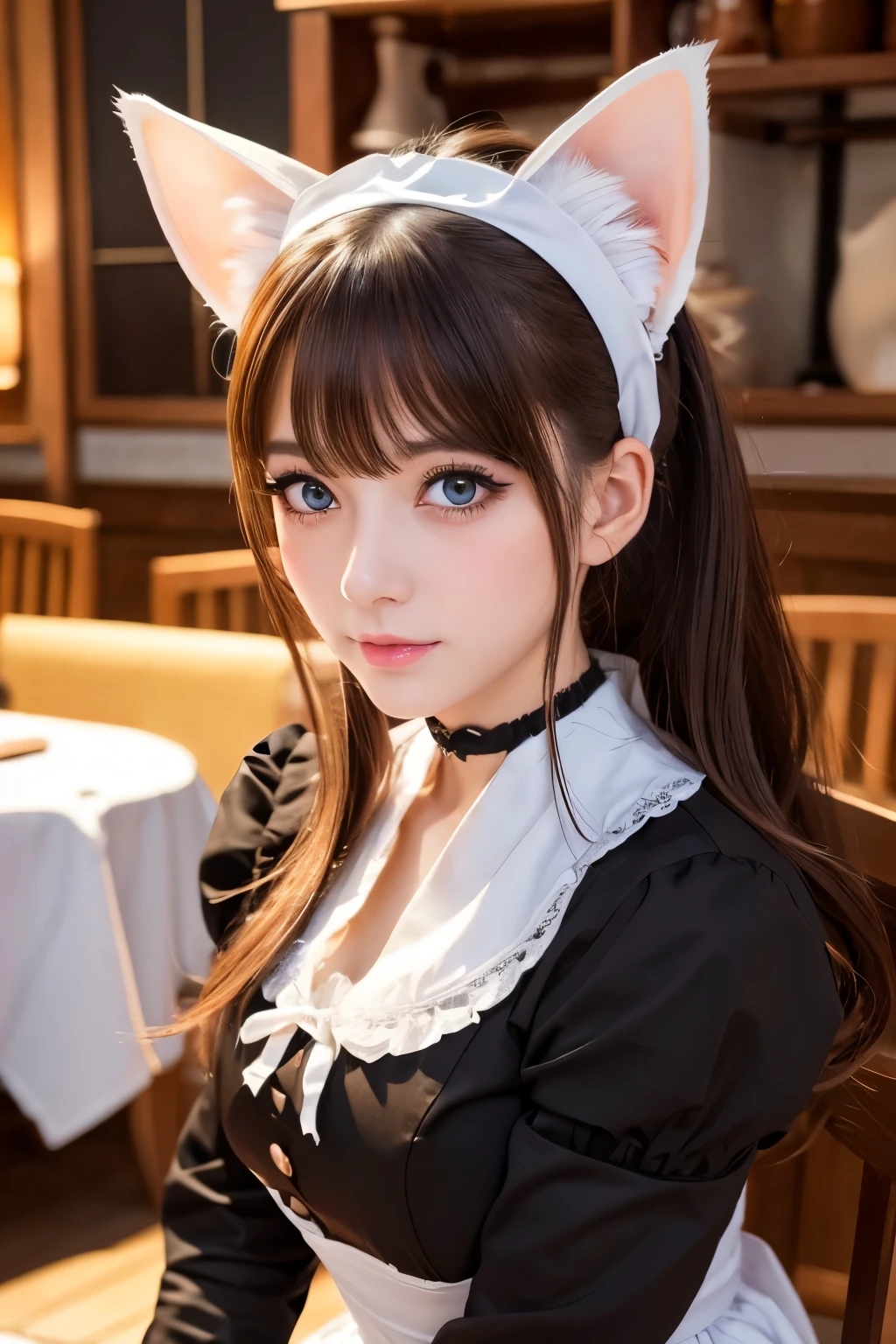 Cat ear details,Seductive eye details,black and white maid clothes,White scarf,Fair and delicate skin,The tail is exposed,Pounce on the desktop,3Drenderingof