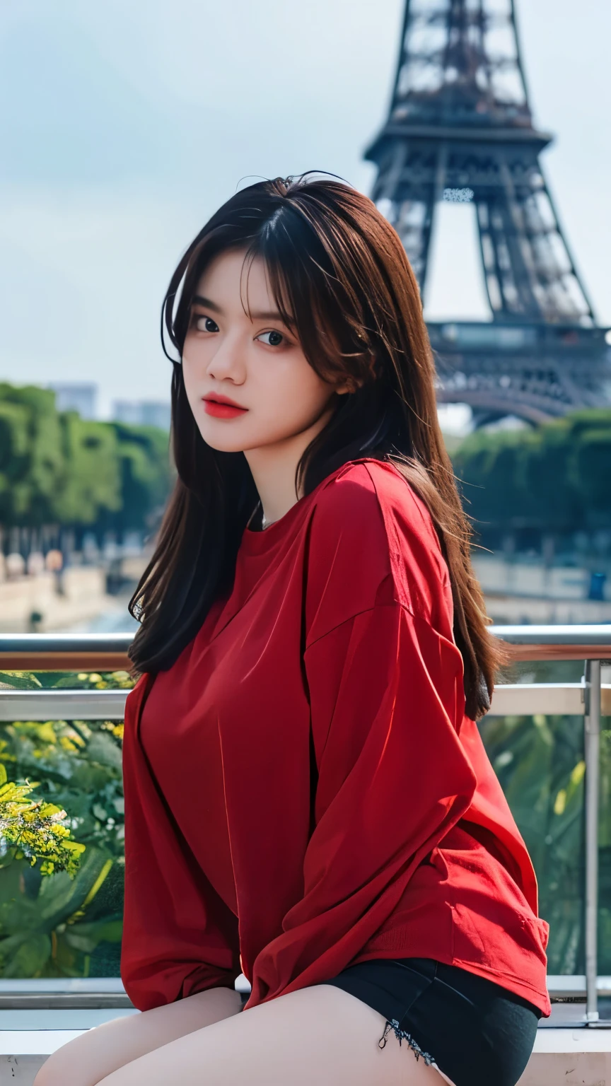 Gorgeus Girl, Beautiful, Baby Face, 20 Years Old, White Skin, Sexy Pose, red shirt, Blue Eye, Bokeh, eiffel tower Background, Masterpiece, Fullbody Shot,