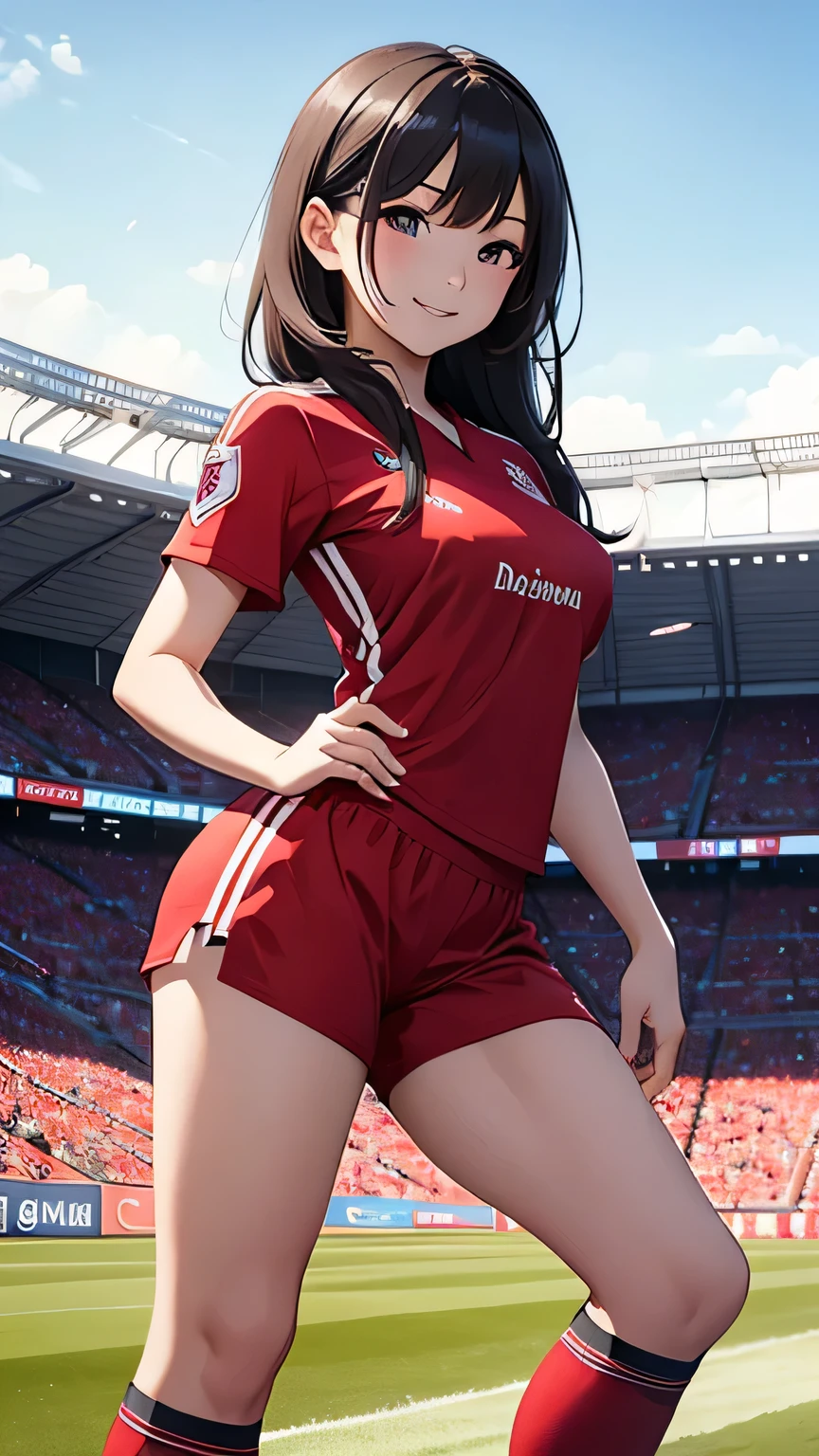 8k, beautiful woman, brown hair, full body, red shirt, black mini skirt, bare legs, bare arms, background race track in the distance
