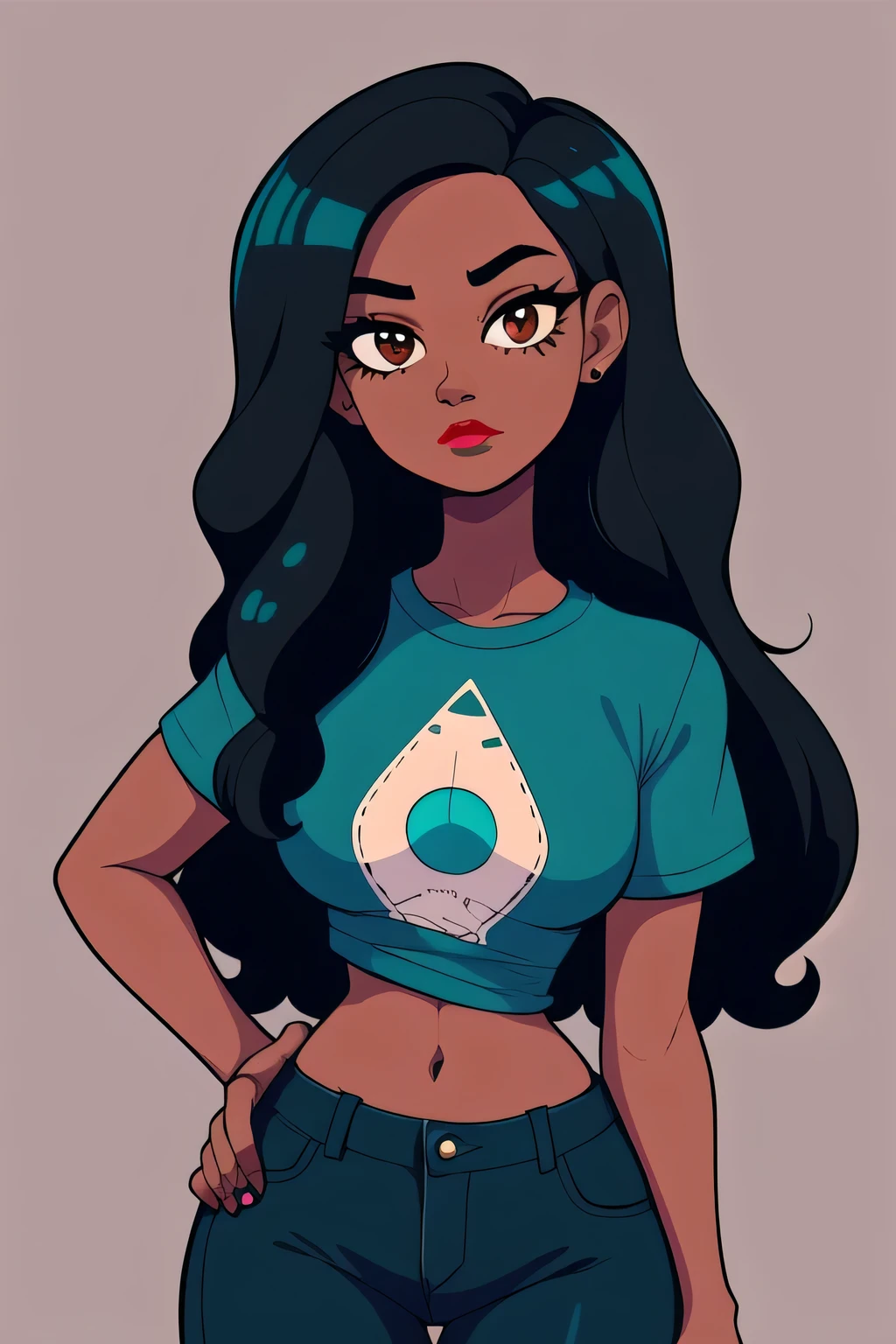 hotify:2,dark skin,tight teal cropped t-shirt,teal t-shirt,check copyright,1girl,long hair,black girl,red-lipstick female,black long curly hair, hourglass body, jeans short, sly, non-web source,brown eyes,simple background,looking at viewer,solo,expressionless, black mascara