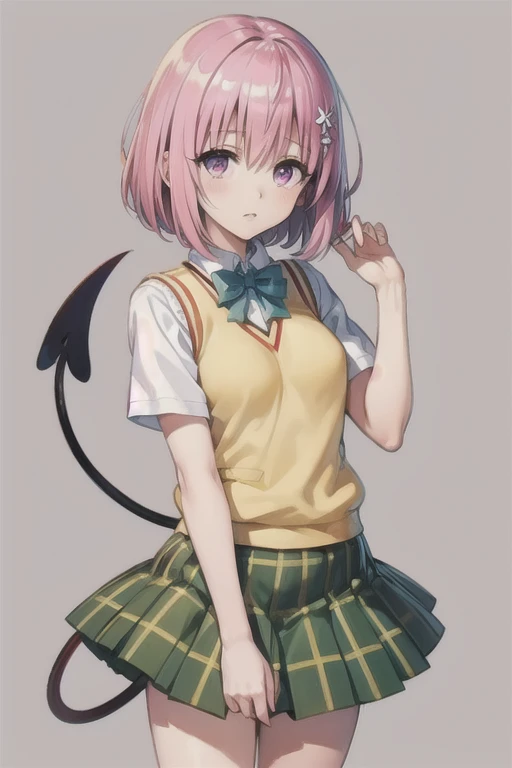 Momo Deviluke, Hair Flowers,  hair accessory, Purple eyes、 Pink Hair, short hair, Tail,demon Tail, sainan high school uniform,  white shirt, Sweater vest, (Yellow vest:1.1), Short sleeve, Checkered skirt, Green Skirt, Short sleeve,Best Quality,