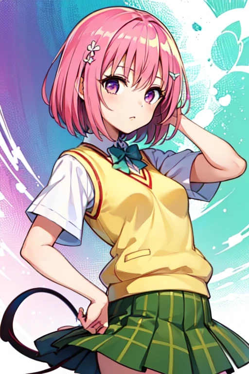 Momo Deviluke, Hair Flowers,  hair accessory, Purple eyes、 Pink Hair, short hair, Tail,demon Tail, sainan high school uniform,  white shirt, Sweater vest, (Yellow vest:1.1), Short sleeve, Checkered skirt, Green Skirt, Short sleeve,Best Quality,