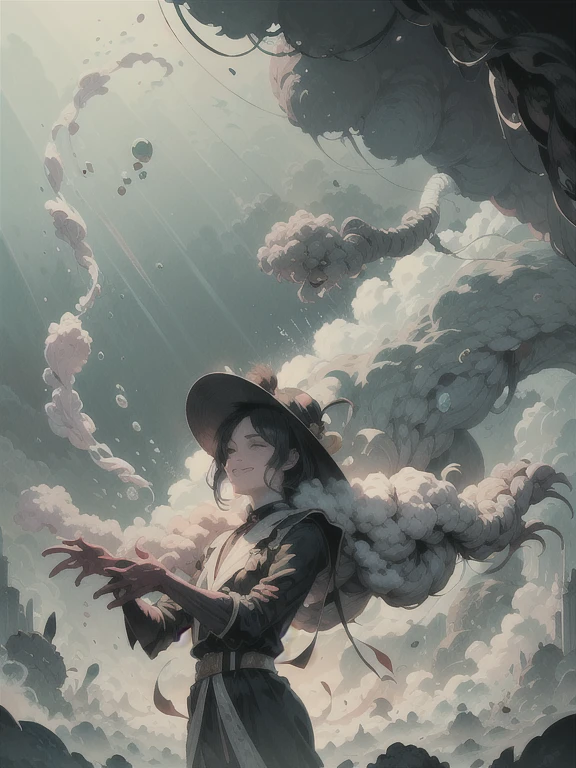  Black Tea Gripped by the Arms of Water , Countless Hands Covering the Sky , hazy, bubble-like smoke ,  see here smiling man wearing a silk hat, Countless arms in the clouds, Belts of light falling from the sky