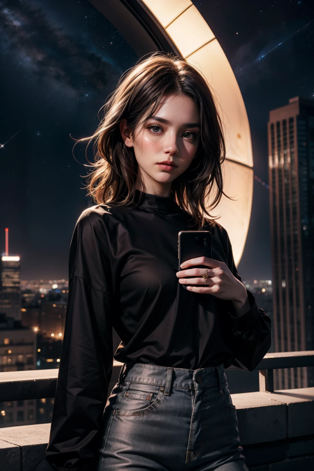 Woman sitting on a ledge, on top a skyscraper, city below, heights, acrophobia, fear of heights, scared expression, phone in hand, scared, terror, (natural skin texture, hyperrealism, soft light, sharp), evening time, lit city