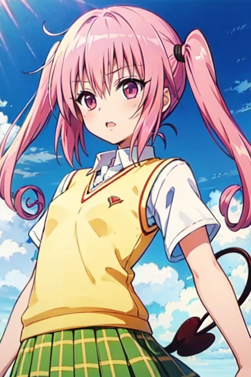 Nana Asta Deviluke,girl、一人のgirl、tooth, Long Hair, Pink Eyes, Pink Hair, Tail, 、twintails,  flat chest,  white shirt, Sweater vest, (Yellow vest:1.1), Short sleeve, Checkered skirt, Green Skirt, Short sleeve,Best Quality,