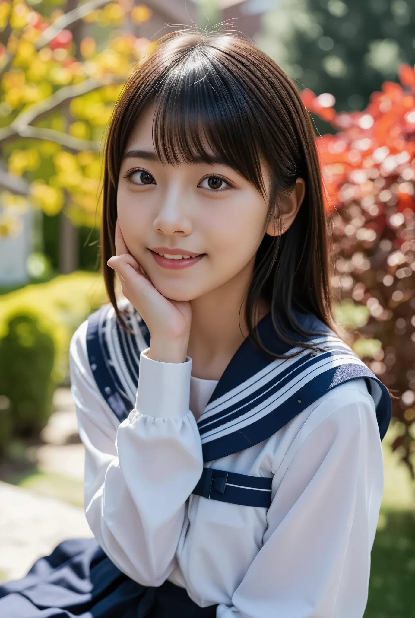  (masterpiece, best quality:1.2), 1girl, Alone, cute, ( idol style super cute face:1.2)、 Beautiful Japanese High School Girls、young, sexy, Large eyes with double eyelids, (White sailor school uniform,  navy blue pleated skirt:1.2), smile,  very detailed faceと肌の質感、Sophistication、 very detailed face、beautiful girl、Black Hair, Slightly longer bob hair、With bangs、 cute girl 、最高級のbeautiful girl、Shining Eyes, Model Diagram, (Beautiful Fall Foliage Park ),