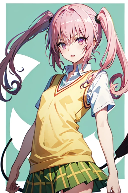 Nana Asta Deviluke,girl、一人のgirl、tooth, Long Hair, Pink Eyes, Pink Hair, Tail, 、twintails,  flat chest,  white shirt, Sweater vest, (Yellow vest:1.1), Short sleeve, Checkered skirt, Green Skirt, Short sleeve,Best Quality,