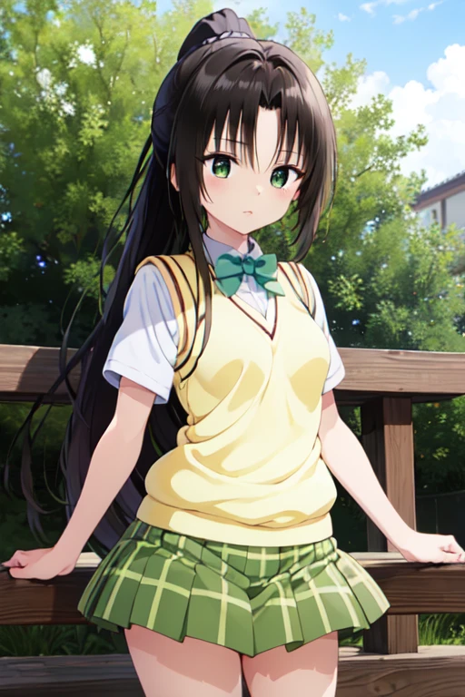 Kujo Rin,girl,Alone,long hair,ponytail, white shirt, Sweater vest, (Yellow vest:1.1), Short sleeve, Checkered skirt, Green Skirt, Short sleeve,Best Quality,