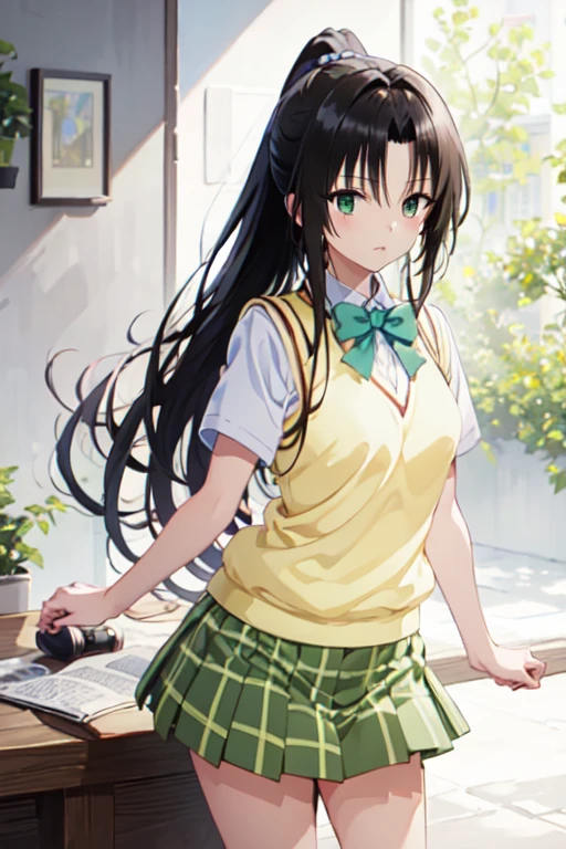 Kujo Rin,girl,Alone,long hair,ponytail, white shirt, Sweater vest, (Yellow vest:1.1), Short sleeve, Checkered skirt, Green Skirt, Short sleeve,Best Quality,