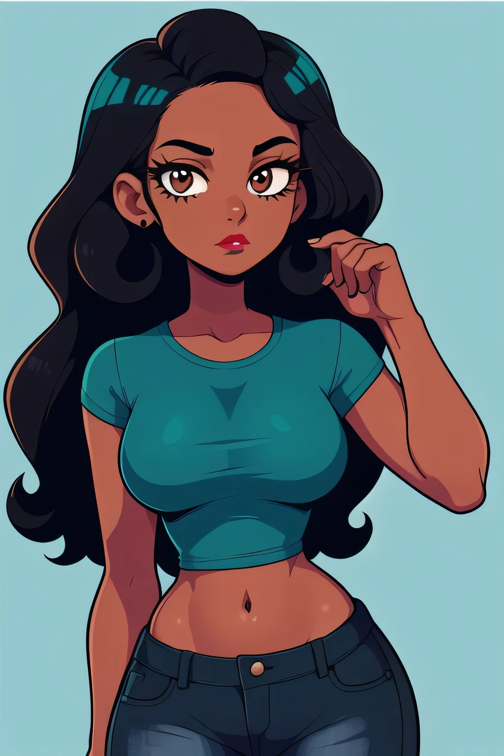 hotify:2,dark skin,tight teal cropped t-shirt,teal t-shirt,check copyright,1girl,long hair,black girl,red-lipstick female,black long curly hair, hourglass body, jeans short, sly, non-web source,brown eyes,simple background,looking at viewer,solo,expressionless, black mascara
