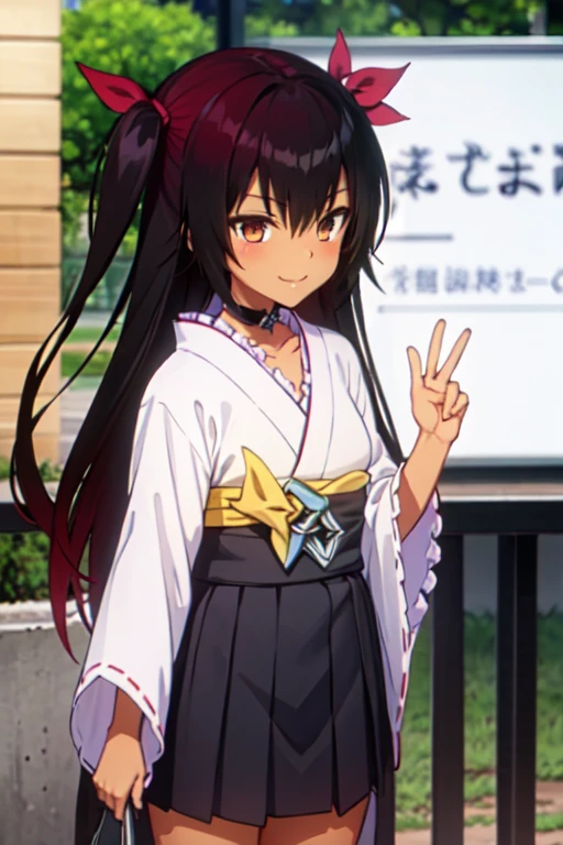  nemesis,best quality, long hair, black hair, two side up, hair ribbon, tan,. dark skin, black choker, frills, japanese clothes,  obi, purple hakama short skirt, standing,seductive smile