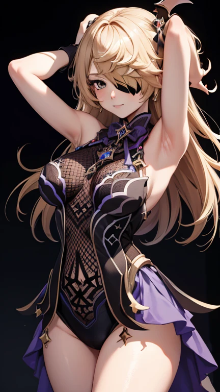 Young blonde girl, black eye patch, twin large ponytails, 
BREAK (masterpiece:1.2), best quality, high resolution, unity 8k wallpaper, (illustration:0.8), (beautiful detailed eyes:1.6), extremely detailed face, perfect lighting, extremely detailed CG, (perfect hands, perfect anatomy), joyful, laughing, Happy, (thigh corset with deep lace neckline), portrait (3:4), posing. In darkness next to a scary castle.