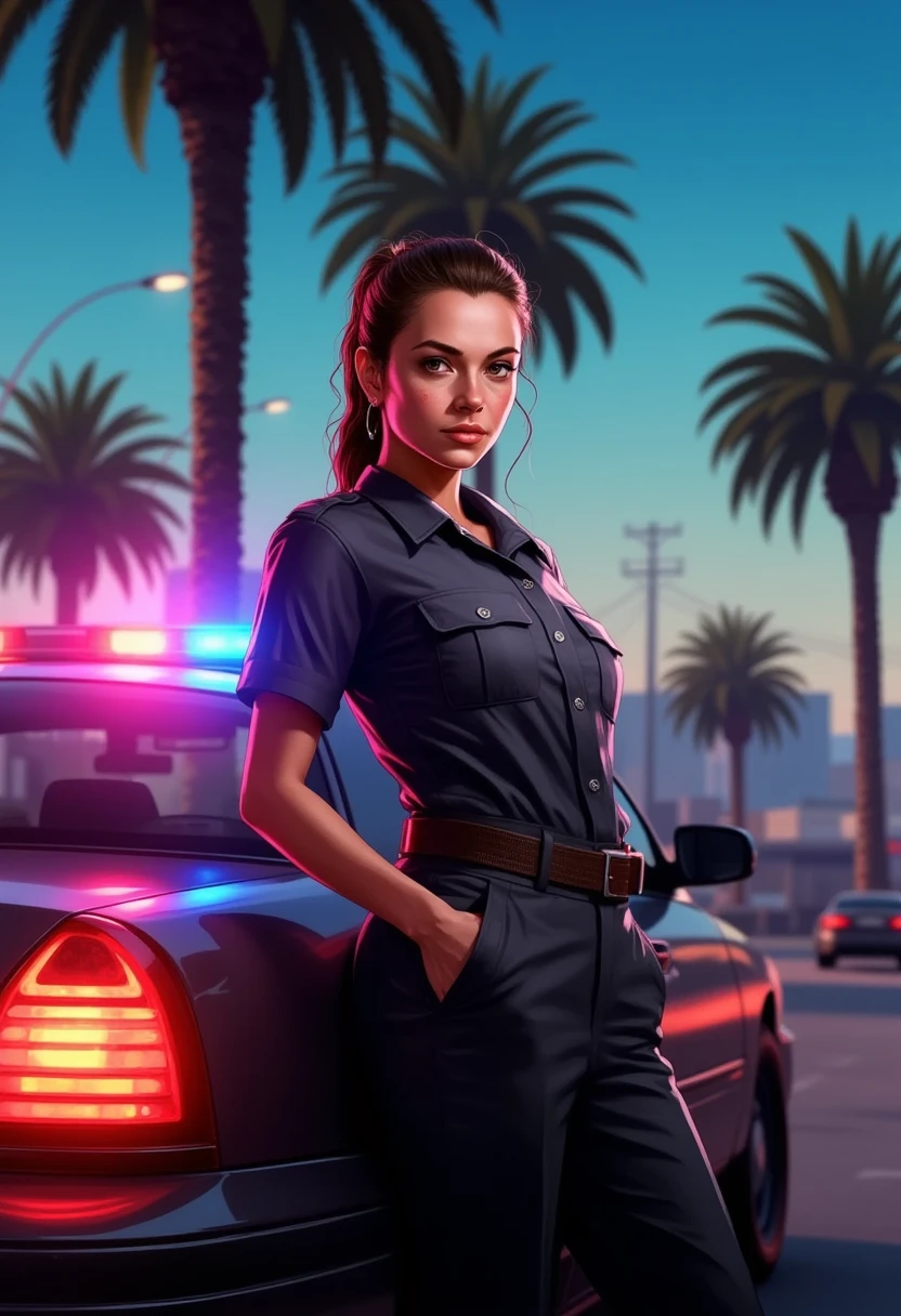 A woman standing beside a black police car on street, flashing warning light, night, police uniform black shirt and trousers , palm trees, pastel style 