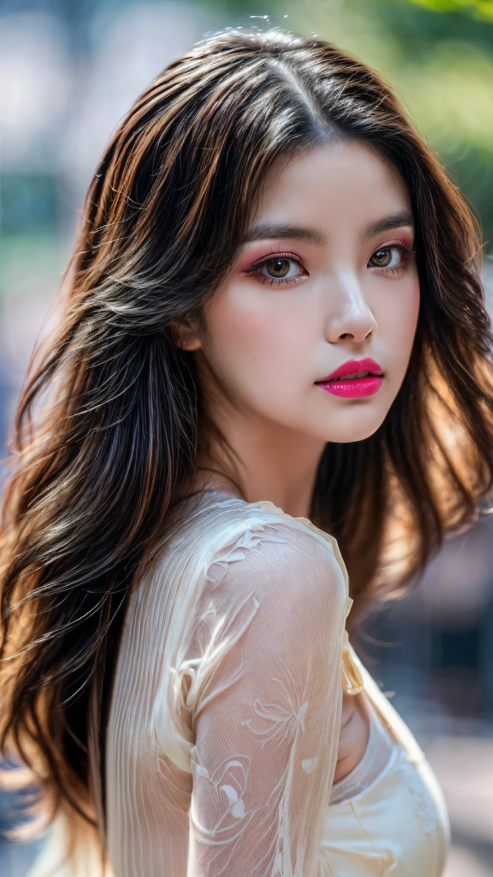 Quality\Realistic,(hyper-photorealistic Realism),(high resolution),((ultra extreme detailed digital art)),hyper-real texture skin,ultra-real texture hair,hyper-realisitic,hyper-quality,(professional photography,golden ratio\), BREAK ,Famale\solo,1woman:1.4,20yo,(spectacular photo of a Chinese woman:1.35),(Super beautiful),(vivid and colorful),(black hair,(curly waves),intricately detailed:1.25),The attention to detail,focus of girl,dynamic pose,sexy and seductive,flirty smile,dslr,high quality split lighting,sharp focus captured by Fujifilm XT3,f 5.6,in a dramatic lighting,(perfect composition\),Skin\(white,pale,smooth,silky,shiny\),Eyes\(sharp focus,Ultra resolution,absurd quality,clearly visible ultra details,no blurry,perfect round realistic brown_eyes:1.35),(extremely fine details eyes),((close up of a woman's eyes:1.2)),(perfect round eyes:1.4),(finely detailed pupils,(extremely fine details of pupils:1.3)),(extremely fine details of iris:1.3),((Vibrant eye digital art:delicately painted in mesmerizing array of colors)\),detailed lips:1.3,pink_makeup:1.3,(long_blue_eyeliner:1.17),(glossy red_lipstick:1.3),(perfect dark_eyeshadows:1.45),(super detailed professional makeup on eyes:1.25),(highly elaborate extravagant microscopic street outfit:1.22),(minimalist provocative styling:1.23\),White Dress,((silk tight Dolce&Gabbana, Floral dress:1.24),elegant fashion,intricately detailed:1.31),floral couture,((clothes made of silk and flower)),(Wearing tight fitting dresses),((black latex:1.25)),((latex bodysuit)),((Intricate, detailed,multi-layered lace dress with red mesh:1.26)),(white lace:1.32\), BREAK ,background\((walking in the park:1.3)),detailed facial features,Sharp focus,Smooth,beautiful,best photo,((best shadows)),(ray tracing),(photo from head to knee),(Proportions are based on a 7.5 head scale).