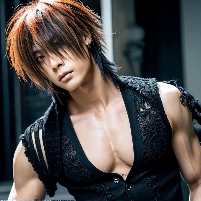 1 man, male, Japanese man, Visual Kai hairstyle, ultra detailed face and body, hyperrealistic, realistic representation, muscular, broad shoulders, tattoos gothic style, piercings, Visual Kei style, hairstyle Visual Kei, blond, long hair, 40 years old, age 40, outfit gothic streampunk, men's shirt and black pants, Asian eyes, eyes Asian, Visual Kei hairstyle 