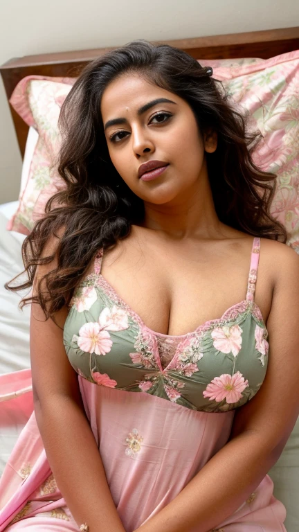 extreme closeup photo of ntg avika gor seductive look, deep cleavage, lying on bed, pink floral nightdress