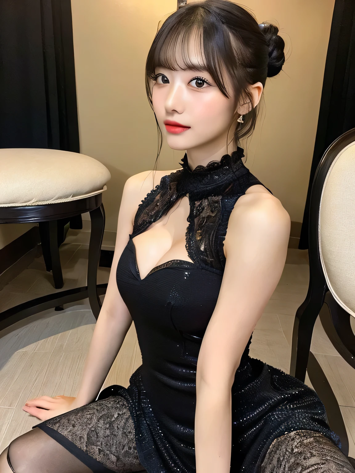 Masterpiece,best quality,high quality,detailed,ultra detailed.4K/8k,Full-HD,high resolution、1girl,Japanese in their 20s、 medium long hair、Black Hair、beautiful lashes、Natural Eyes、Slender body、chinese bun black short hair,bun cover,china dress, long dress,tight mini skirt, gold decoration dress, sleeveless, ultra detailed dress,cleavage, cleavage cutout, clothing cutout,Sit on a chair and spread your legs、Showcasing cleavage、Emphasize the cleavage、Seductive pose、Spread legs, squatting、Straddling a chair 、Kneeling pose