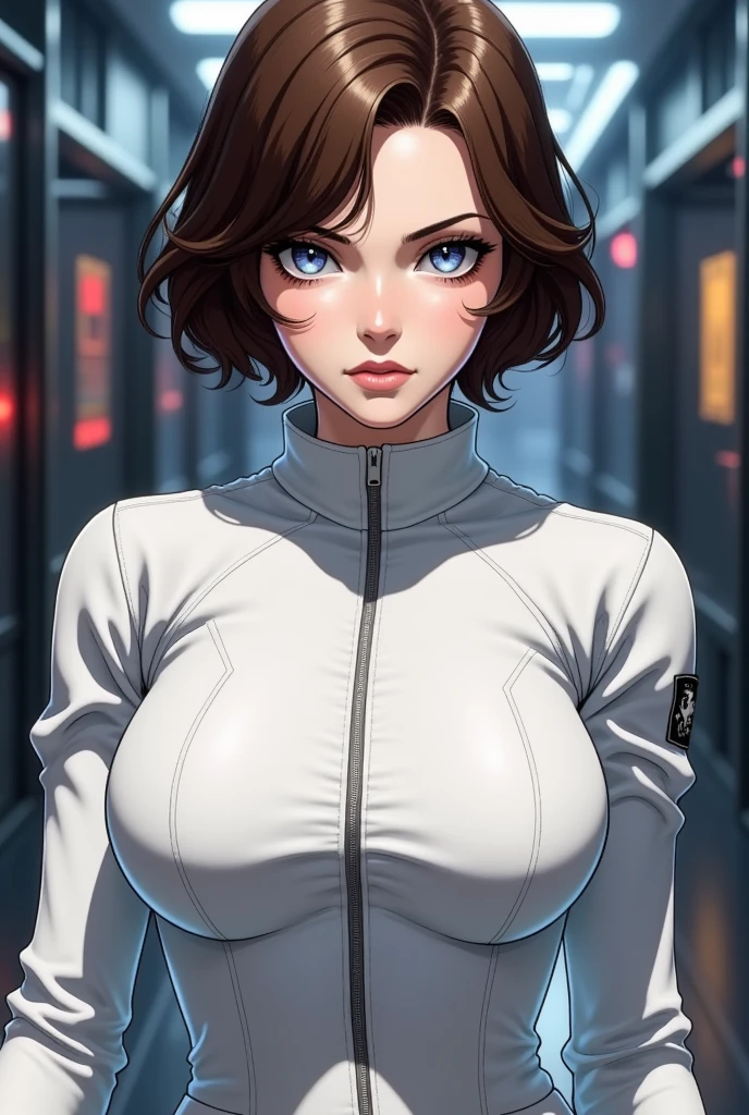 (work of art, Best quality, absurd, 4K, aesthetics, perfect eyes, perfect face, detailed, intricate, Perfect Lighting) 1 girl with fair skin, dark short hair, wears a dark red and black futuristic bodysuit, heroine , queen of an alien race, warrior, gentle smile