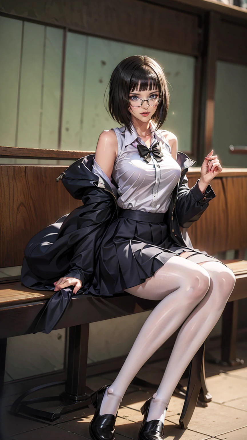 an anime girl with Glasses and a skirt sits on ground and poses, 1 girl , Alone, skirt, Have, shirt, white shirt, pantyhose, Red eyes, Glasses, Black Hair , shoes, red skirt, Check pattern skirt, Viewers, Open clothes, Check pattern, collared shirt, , Long sleeve, Mouth closed, Sitting, black pantyhose, indoor, bangs, short hair, 黒縁Glasses, Brown Jacket, Off the shoulder,Add XL @Sparkling @Sparkling
