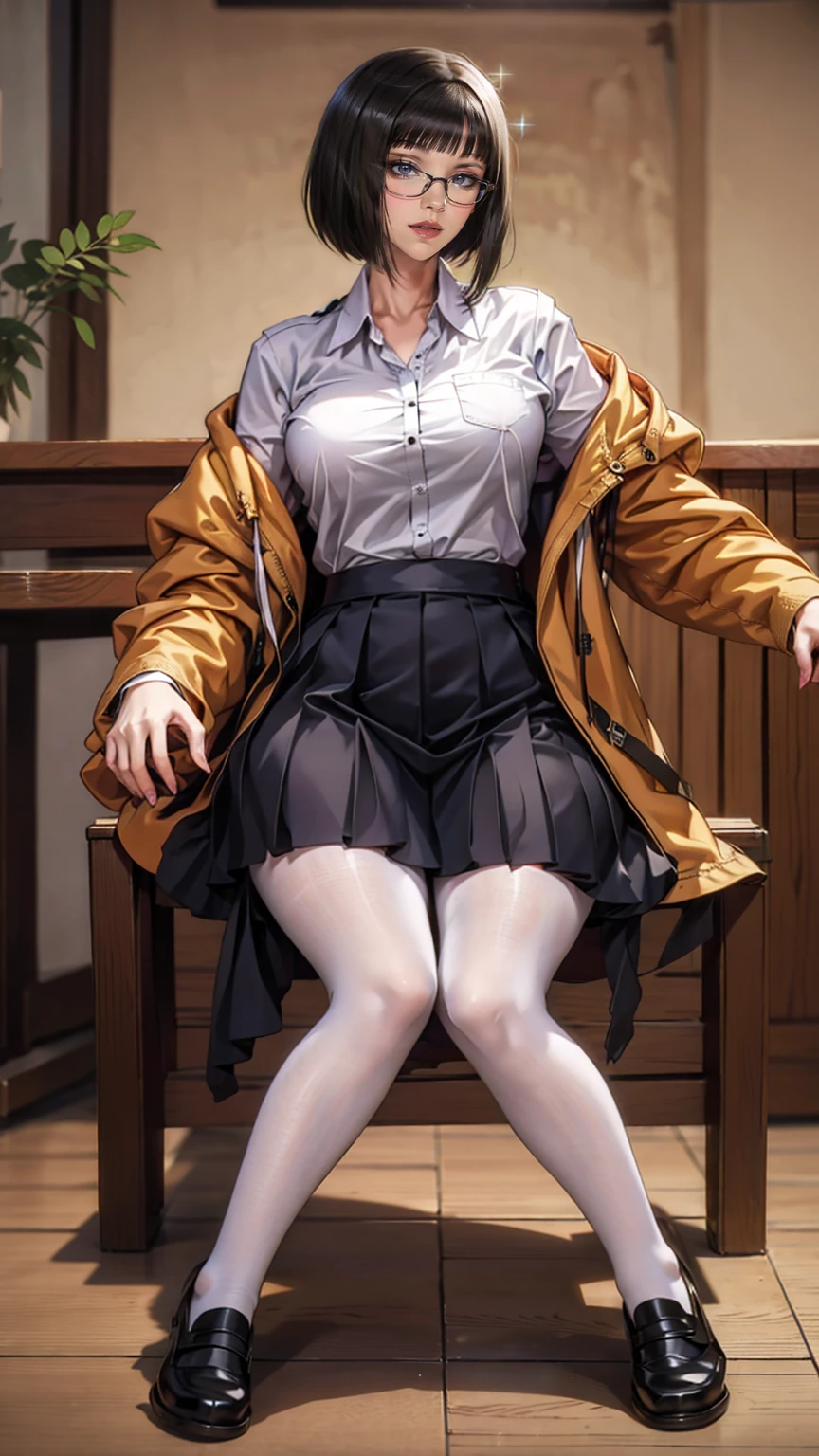 an anime girl with Glasses and a skirt sits on ground and poses, 1 girl , Alone, skirt, Have, shirt, white shirt, pantyhose, Red eyes, Glasses, Black Hair , shoes, red skirt, Check pattern skirt, Viewers, Open clothes, Check pattern, collared shirt, , Long sleeve, Mouth closed, Sitting, black pantyhose, indoor, bangs, short hair, 黒縁Glasses, Brown Jacket, Off the shoulder,Add XL @Sparkling @Sparkling
