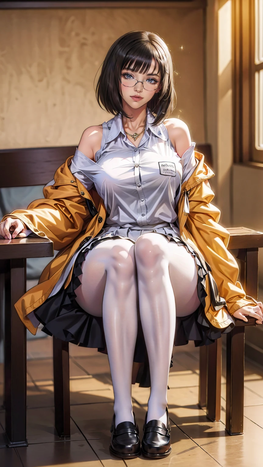 an anime girl with Glasses and a skirt sits on ground and poses, 1 girl , Alone, skirt, Have, shirt, white shirt, pantyhose, Red eyes, Glasses, Black Hair , shoes, red skirt, Check pattern skirt, Viewers, Open clothes, Check pattern, collared shirt, , Long sleeve, Mouth closed, Sitting, black pantyhose, indoor, bangs, short hair, 黒縁Glasses, Brown Jacket, Off the shoulder,Add XL @Sparkling @Sparkling
