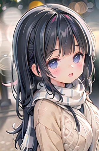 Absurd ,high quality super detailed  ,
early morning ,
intersection ,
Solo Girl ,
scarf ,
Knitted sweater,
Student Uniform ,
White Breath ,
(Bokeh :1.4) ,
From a little above,, black long hair、Very large breasts、