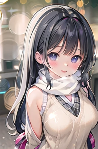 Absurd ,high quality super detailed  ,
early morning ,
intersection ,
Solo Girl ,
scarf ,
Knitted sweater,
Student Uniform ,
White Breath ,
(Bokeh :1.4) ,
From a little above,, black long hair、Very large breasts、