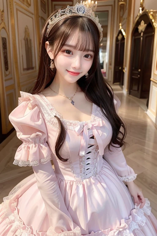 (highest quality、masterpiece、8k、Best image quality、hyperrealism、Award-winning works)、1 cute lolita princess、(alone:1.1)、(1 photo:1.1)、(Girly and cute luxury light pink lolita princess dress:1.2)、(Cute big ribbon on the chest:1.1)、(The most extravagant and luxurious giant princess tiara:1.1)、(Huge jewellery:1.1)、(The most luxurious and finest giant princess jewelry necklace:1.1)、(A top-notch Lolita princess dress with intricate jewelry details:1.2)、(Very intricate and detailed lace decoration:1.1)、(A very intricate and elaborately decorated dress:1.1)、(The most extravagant Lolita princess dress with cute frills and ribbons:1.1)、(The most gorgeous Lolita princess dress with lovely lace decoration:1.1)、(Cute girly lolita wavy hair:1.1)、(Short:1.1)、(height: 140cm:1.1)、(Very large breasts:1.2)、(Cleavage:1.1)、Lots of cute frills、Accentuate your body lines、Slender body、Standing Elegantly、(Beautiful gorgeous palace entrance background:1.2)、(very bright and vivid:1.1)、(Bright and shiny dress:1.2)、Standing Elegantly Girl、Accurate anatomy、Perfect Makeup、Long eyelashes、Glossy Lips、Ultra HD glossy skin、(Ultra-high resolution, bright and beautiful skin:1.3)、Ultra-high definition glossy lips、Ultra-high resolution beautiful teeth、Ultra HD beautiful light brown hair、(Body facing forward:1.1)、(Front view:1.1)