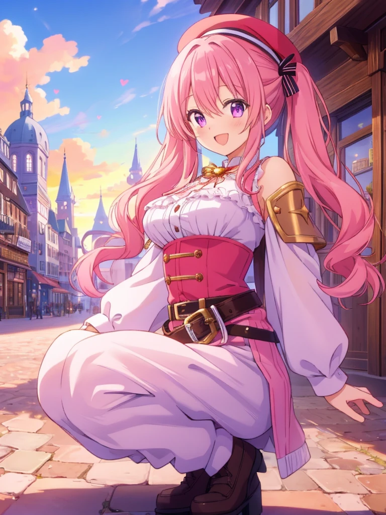 ((8k, Highest quality, masterpiece: 1.3)),Ultra-high resolution,(1 girl, alone), Highly detailed dark purple eyes, Highly detailed face, sunset, from side, 
The scene depicts a cheerful anime-style girl squatting down in a lively, fantasy town square. She has light pink hair styled into twintails, which curl slightly at the ends, giving her a playful and energetic look. She wears a red beret with fluffy white pompoms, matching the festive and cute elements of her outfit. Her attire is predominantly pink, with accents of white and black, decorated with heart motifs and gold armor elements, such as her shoulder guard and belt buckle. A heart-shaped cutout on her top adds a charming detail, emphasizing her vibrant personality.
The girl is winking playfully, conveying a sense of joy and friendliness. Her mouth is closed. In the background, whimsical medieval-inspired buildings with curved rooftops and timber framing line the streets, while a majestic blue-topped castle rises above the townscape, suggesting a fantasy kingdom setting. The sunset sky and the abundance of greenery around the town add to the warm and welcoming atmosphere. The overall composition gives a sense of lighthearted adventure, with the character appearing as both approachable and ready for exciting experiences in a magical world.