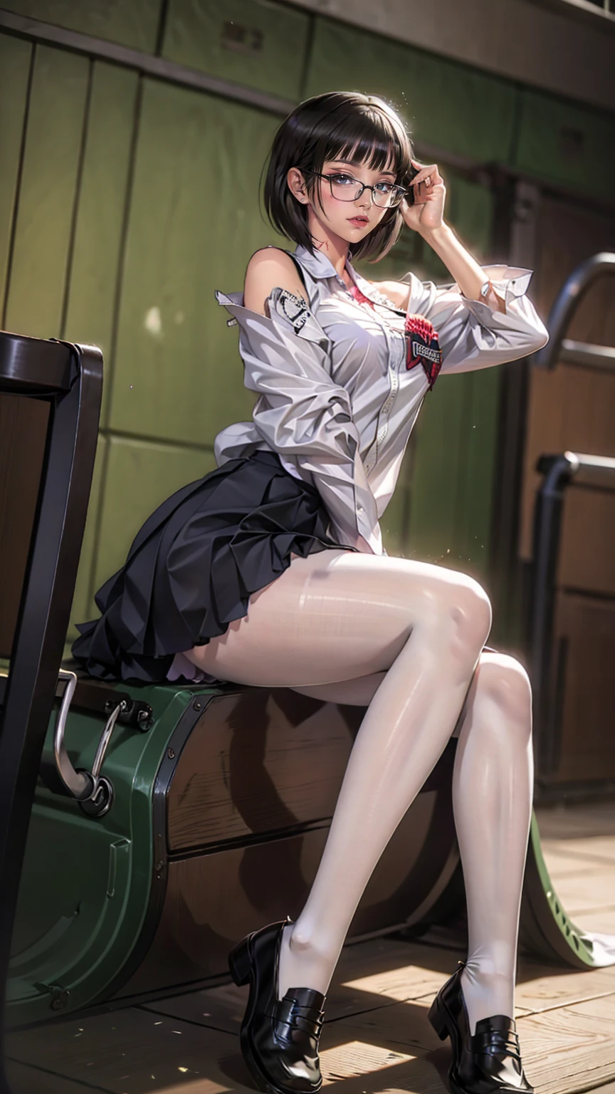 an anime girl with Glasses and a skirt sits on ground and poses, 1 girl , Alone, skirt, Have, shirt, white shirt, pantyhose, Red eyes, Glasses, Black Hair , shoes, red skirt, Check pattern skirt, Viewers, Open clothes, Check pattern, collared shirt, , Long sleeve, Mouth closed, Sitting, black pantyhose, indoor, bangs, short hair, 黒縁Glasses, Brown Jacket, Off the shoulder,Add XL @Sparkling @Sparkling
