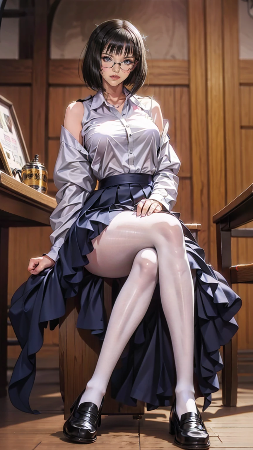 an anime girl with Glasses and a skirt sits on ground and poses, 1 girl , Alone, skirt, Have, shirt, white shirt, pantyhose, Red eyes, Glasses, Black Hair , shoes, red skirt, Check pattern skirt, Viewers, Open clothes, Check pattern, collared shirt, , Long sleeve, Mouth closed, Sitting, black pantyhose, indoor, bangs, short hair, 黒縁Glasses, Brown Jacket, Off the shoulder,Add XL @Sparkling @Sparkling
