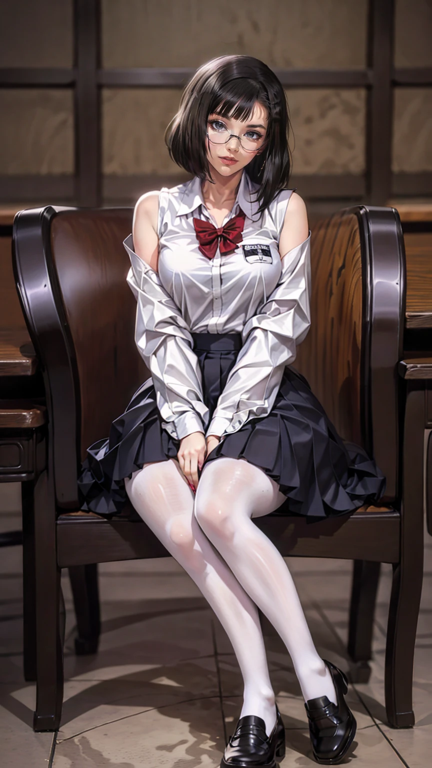 an anime girl with Glasses and a skirt sits on ground and poses, 1 girl , Alone, skirt, Have, shirt, white shirt, pantyhose, Red eyes, Glasses, Black Hair , shoes, red skirt, Check pattern skirt, Viewers, Open clothes, Check pattern, collared shirt, , Long sleeve, Mouth closed, Sitting, black pantyhose, indoor, bangs, short hair, 黒縁Glasses, Brown Jacket, Off the shoulder,Add XL @Sparkling @Sparkling
