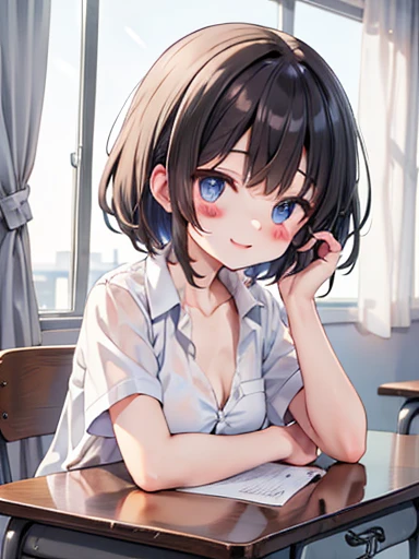 Frame In, Face and body from the front, View from the front, Upper Body, high quality, Very high resolution, high quality, Very high resolution, pretty girl, Dark brown hair, amount, Blunt bangs, Bobcut, blush, Raked up bangs, Wearing a plain T-shirt, upright, Pleated skirt, Work Desk, smile, Leaning forward, At the office,Small breasts、White clothes