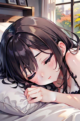 ((nsfw:1.4, masterpiece, best quality, highres, UHD, perfect pixel, depth of field, 4k, RTX, HDR))), 1girl, single, solo, girlfriend, beautiful anime girl, beautiful artstyle, anime character, ((long hair, bangs, dark brown hair, curly hair, hair pin)), ((beautiful eyelashes)), ((detailed face, blushing:1.2)), ((smooth texture:0.75, realistic texture:0.5, anime CG style)), ((medium breasts, cleavage)), indoor, bedroom, dynamic angle, busty, perfect body, armpit, ((fall asleep on the bed, supine, sleepy, closed eyes, laying on bed, sleeping pose, side sleeping)), ((close up, POV, cute, shot on face, sighing expression)), ((maroon bra color, maroon lingerie)), (natural light, light reflection, morning scene)