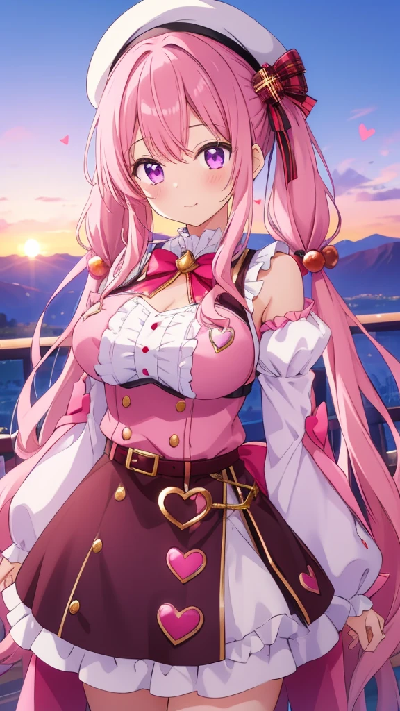 ((8k, Highest quality, masterpiece: 1.3)),Ultra-high resolution,(1 girl, alone), Highly detailed dark purple eyes, Highly detailed face, sunset, mouth closed
a girl has light pink hair styled into twintails, which curl slightly at the ends. She wears a red beret with fluffy white pompoms, matching the festive and cute elements of her outfit. Her attire is predominantly pink, with accents of white and black, decorated with heart motifs and gold armor elements, such as her shoulder guard and belt buckle. A heart-shaped cutout on her chest area
majical world, rainbow color sky and mountains