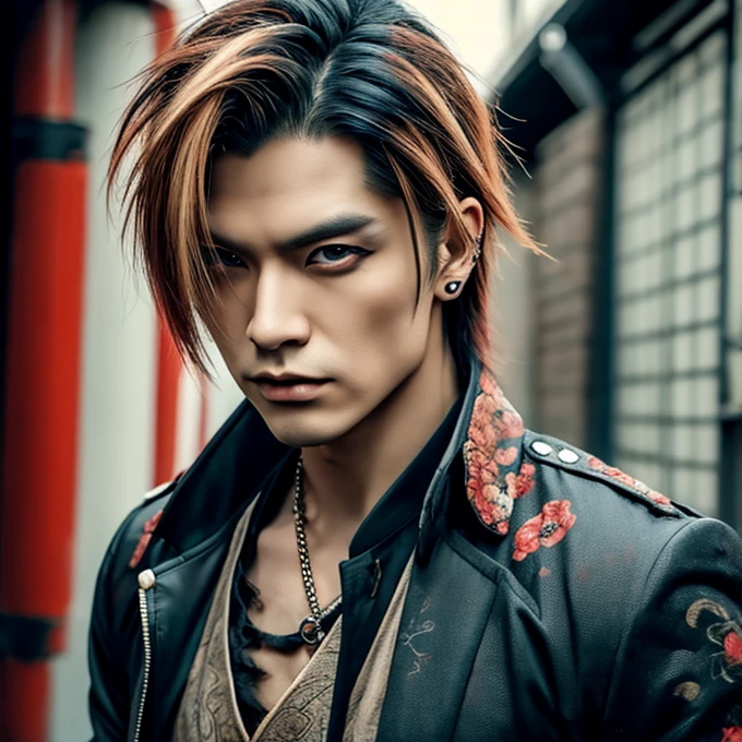 1 man, male, Japanese man, Visual Kai hairstyle, ultra detailed face and body, hyperrealistic, realistic representation, muscular, broad shoulders, tattoos gothic style, piercings, Visual Kei style, hairstyle Visual Kei, blond, long hair, 40 years old, age 40, outfit gothic streampunk, men's shirt and black pants, Asian eyes, eyes Asian, Visual Kei hairstyle 