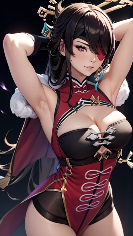 masterpiece, 8k, high resolution, shrine, semi-realistic, 1 girl, portrait 3:4, (high detailed face), (high detailed dress), (detailed hands, no bad hands, No bad fingers), smile, looking at viewer, armpits, arms up, (hands behind the head), dancing, dynamic, medium breasts, sexy, perfect body, perfect legs, black thighs, Beidou (genshin_impact), genshin_impact, puffy breasts,sexy hot, downblouse, (eye patch), pokies, lightning effects over plain black background.