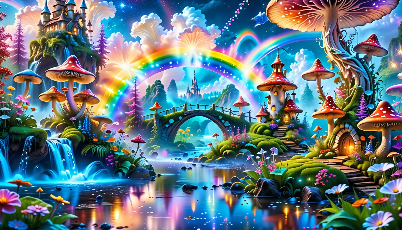 A Masterpiece In 32K Resolution, Supreme Quality, Super-Detailed, Official Art. A Dreamlike Fantasy Landscape, Where Giant Mushrooms Tower Over A Sparkling Stream. Colorful Fairies Dance Among The Flowers, And A Rainbow Arches Across The Sky, Adding To The Enchantment Of This Magical Realm. A Dragon Weaves Between The Mushrooms, Adding A Touch Of Whimsy To The Scene. The Entire Scene Is Bathed In A Cold, Ethereal Glow.