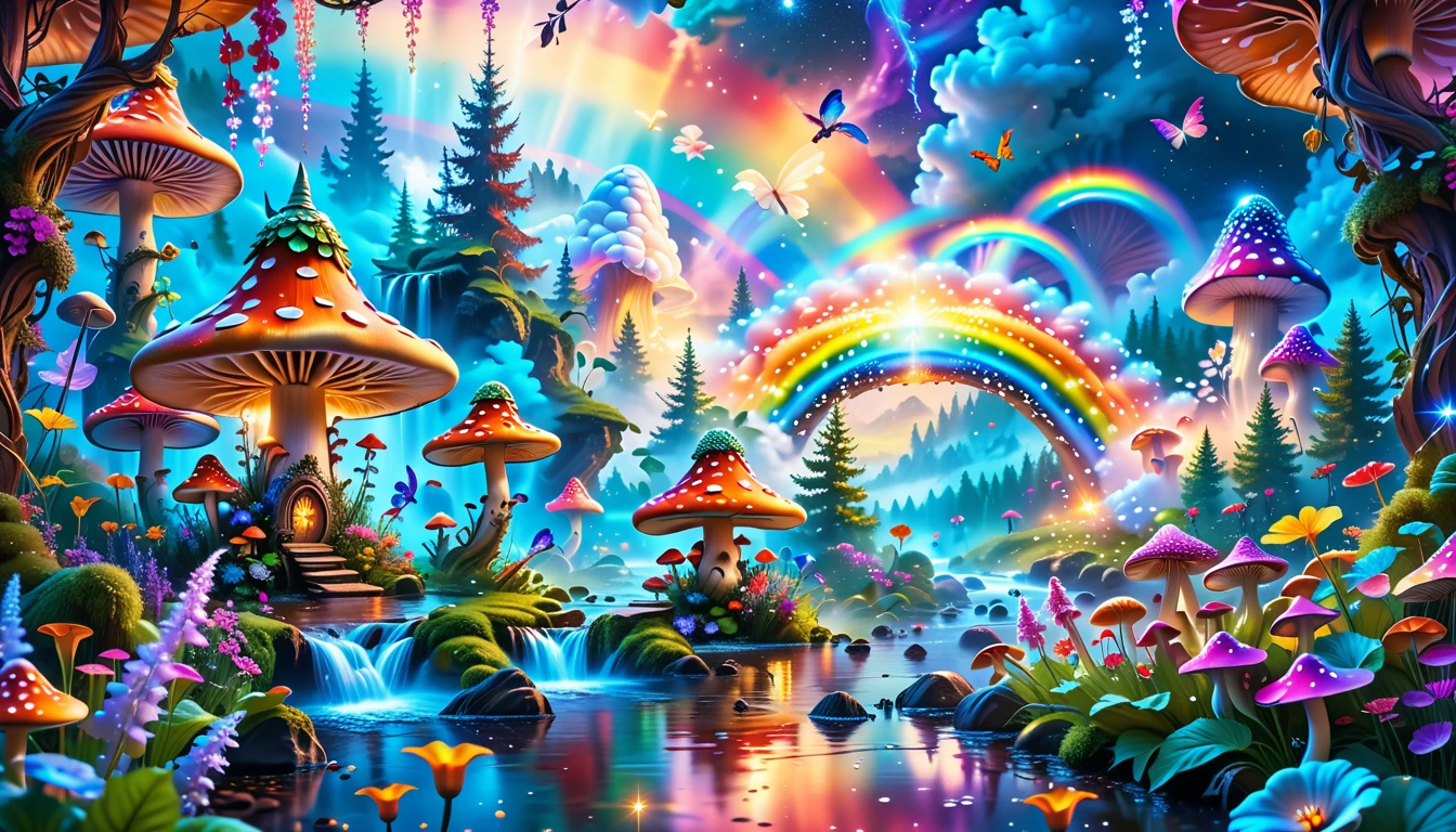 A Masterpiece In 32K Resolution, Supreme Quality, Super-Detailed, Official Art. A Dreamlike Fantasy Landscape, Where Giant Mushrooms Tower Over A Sparkling Stream. Colorful Fairies Dance Among The Flowers, And A Rainbow Arches Across The Sky, Adding To The Enchantment Of This Magical Realm. A Dragon Weaves Between The Mushrooms, Adding A Touch Of Whimsy To The Scene. The Entire Scene Is Bathed In A Cold, Ethereal Glow.