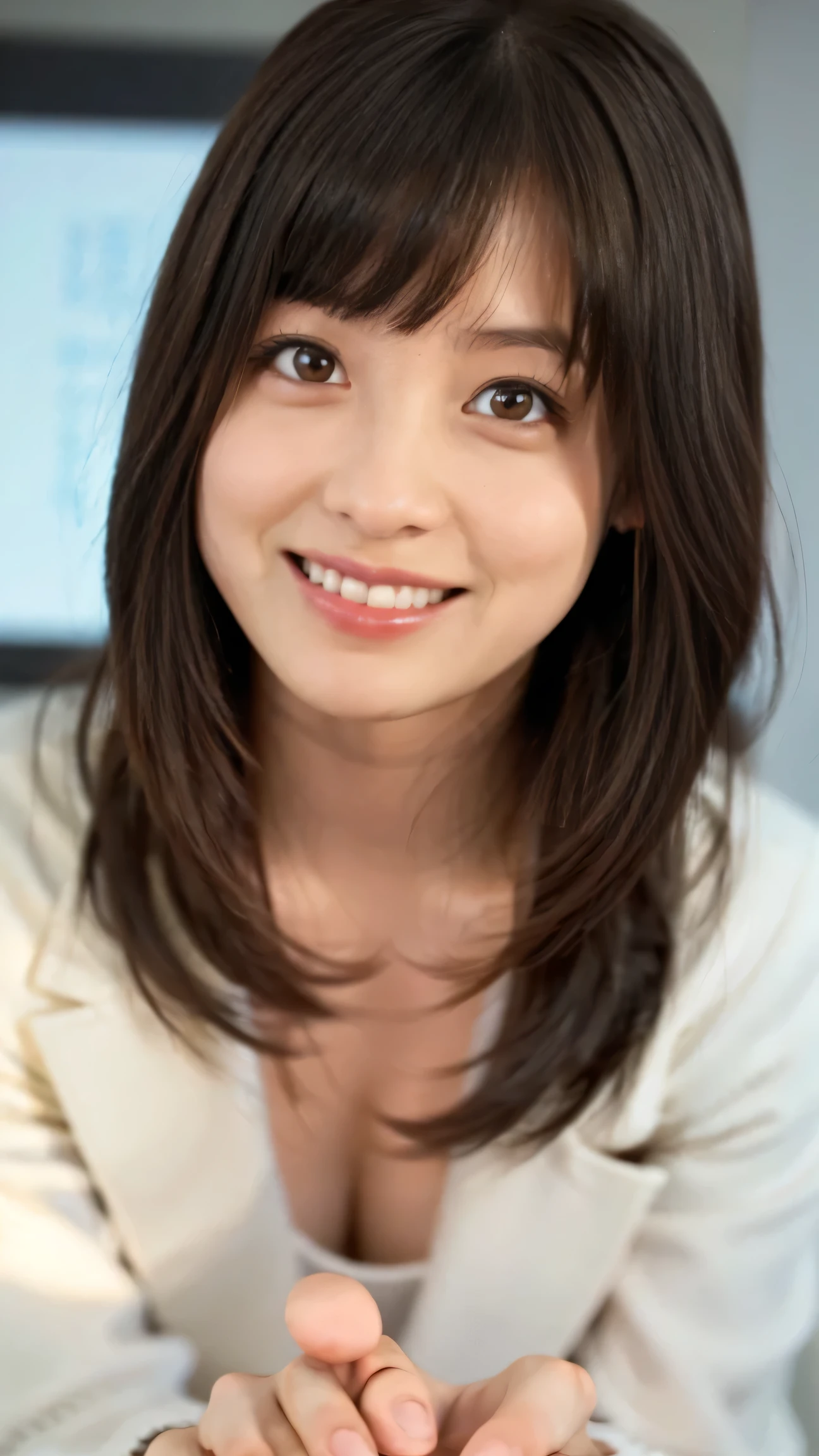 Professional headshot of a Japanese female news anchor in her twenties. Slightly asymmetrical, oval face, bright almond-shaped eyes, small nose, dazzling smile and full lips, shiny black shoulder-length hair, wearing white blazer, sitting at news desk facing front, arms raised. Skin is underexposed. Upper body. Broad background. A woman who is happy.