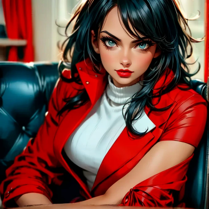 A woman in a red coat sitting on a chair with a dragon, popular on ArtStation Pixiv, detailed anime artwork, detailed digital anime art, complex gorgeous anime CGI style, guvez on pixiv art station, guvez on pixiv, anime fantasy illustration, detailed anime art, clean detailed anime art, detailed key anime art, red lip micro-open, nude