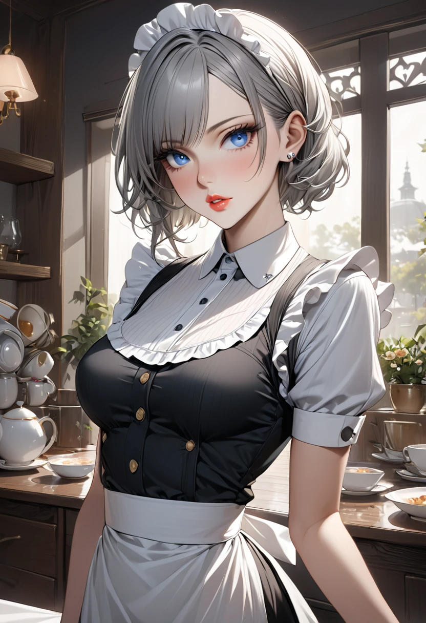 ((best quality)), ((masterpiece)), (detailed), 1 woman, Slim, curvy body, (Long Ash gray hair), (piercing blue eyes), (high cheekbones), (delicate neck), (slender build), (porcelain skin), (full lips), (rosebud complexion), (early 30’s), (maid), (shirt lift up)