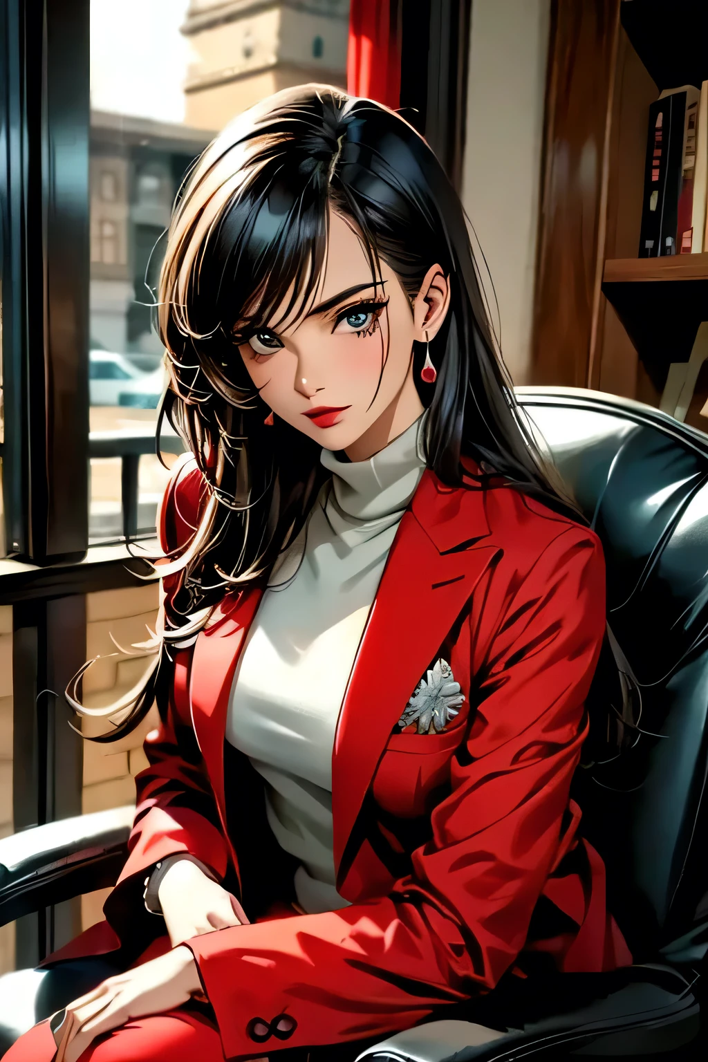 A woman in a red coat sitting on a chair with a dragon, popular on ArtStation Pixiv, detailed anime artwork, detailed digital anime art, complex gorgeous anime CGI style, guvez on pixiv art station, guvez on pixiv, anime fantasy illustration, detailed anime art, clean detailed anime art, detailed key anime art, red lip micro-open, nude