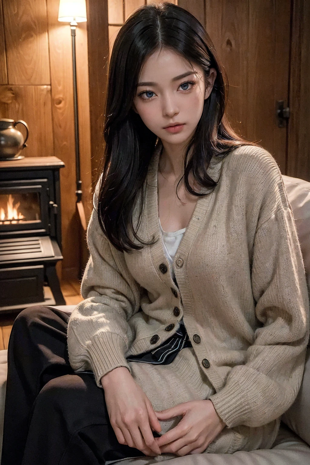 affred asian girl, brunette girl, in her room, cozy environment, sitting on a cozy couch,crossing legs,, fully covered clothes, delicate details, wooden furniture, soft lighting, serene atmosphere, natural poses, relaxed posture, peaceful ambience,