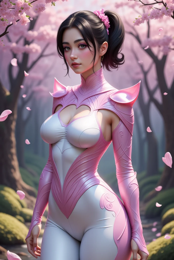 A tall, elegant warrior woman from the Sakurianas species, hourglass bodyshape, wearing a unique armor that reflects their abilities and beauty. The armor is lightweight, made of petal-like material that is 100 times stronger than diamond but appears delicate and organic. The armor has a shimmering pink and white color scheme, resembling the natural hues of Sakura petals. The chest plate and shoulder guards are adorned with intricate floral patterns that look like blooming Sakura flowers. The helmet is sleek, with a visor shaped like overlapping petals, and the whole armor has a flexible, almost fluid-like appearance. The armor also has glowing veins of energy running through it, matching the regenerative and powerful nature of the wearer. The background is a mystical forest, with falling Sakura petals around the warrior.