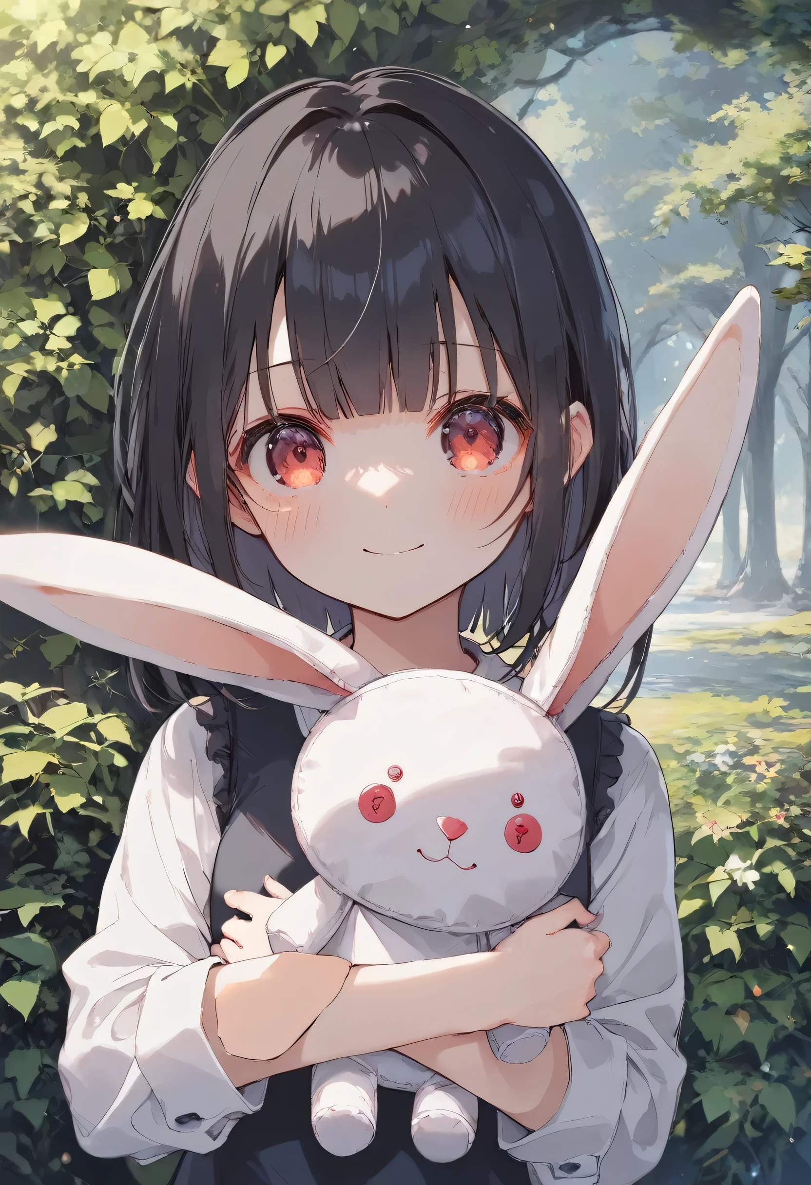 score_9, score_8_up, score_7_up, score_6_up, score_5_up, score_4_up, masterpiece, best quality, source_anime, 
alone,cute 1girl,,(loli),Black hair,straight medium hair,blunt bangs,red eyes,blush, girl is hugging a big stuffed animal、whole body、(Big rabbit plush toy with a happy smile:1.3),Cute Rabbit