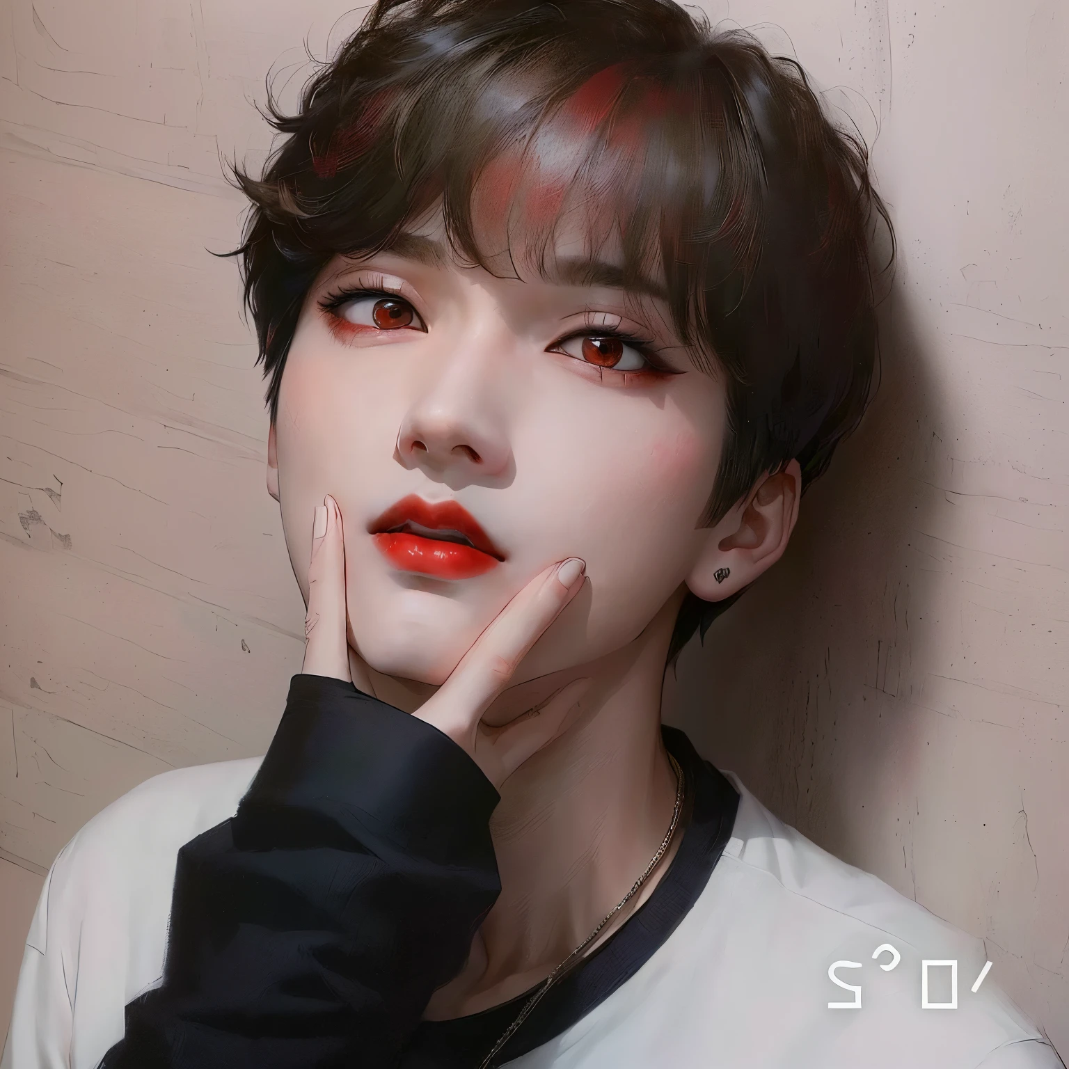 arafed image of a man with a red lip and a white shirt, male ulzzang, wan adorable korean face, jung jaehyun, ulzzang, kim doyoung, jinyoung shin, cai xukun, with short hair, 1  boy thin face, young adorable korean face, jinyoung shin aesthetic, popular south korean makeup