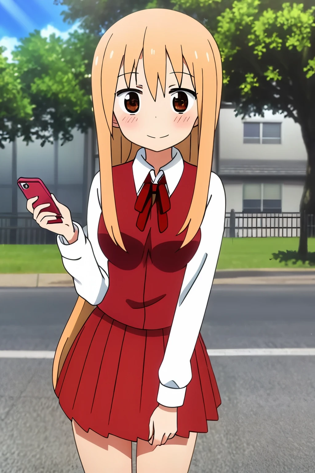 ((Best Quality)),((Advanced Details)),masterpiece,Detailed face,Beautiful Face,(Detailed eyes, Deep Eyes), 1 girl,(( Dynamic Poses )) , cute, Lovedorma , Blonde,  Brown Eyes ,  high school uniform white blouse,  Red Skirt ,  cowboy shot, Medium Breast, standing, Japanese Streets, ( smartphone in hand :1.4), (Shining sunlight:1.3), ( thin red ribbon on collar :1.3), (Smiling face:1.2), (Pink smartphone), (On the street in a residential area:1.2)