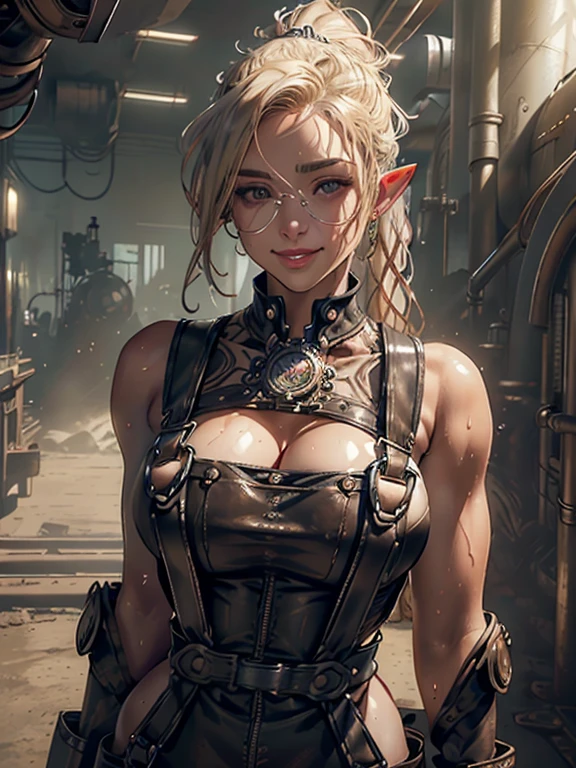 masterpiece, Best Quality,  Highly Detailed CG Unity 8K Wallpaper ,(( upper body)), ((steampunk factory )), (welding work ), (Long pointy ears),  elegant long wavy platinum blonde hair,  ponytail, ((Average Chest Circumference, Self-illuminating skin)), ((Full Harness, Tube tops,  oversized overalls , Leather Handbags)), (Sweaty,  wet white skin ), (Goggles on forehead, Tool belt), (), , (Charming smile), cute, ( perfectly symmetrical and beautiful face), fine grain, Key Art, Awards,  intricate detail realism HDR  ,  photorealism ,  hyperrealism, Ultra-realistic, dramatic light, STRONG SHADOW  , Amazing views,  depth of border described ,  giant pipe wrench ,  giant monkey wrench ,